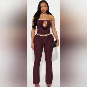 Burgundy Pants Set with Rhinestone Detail